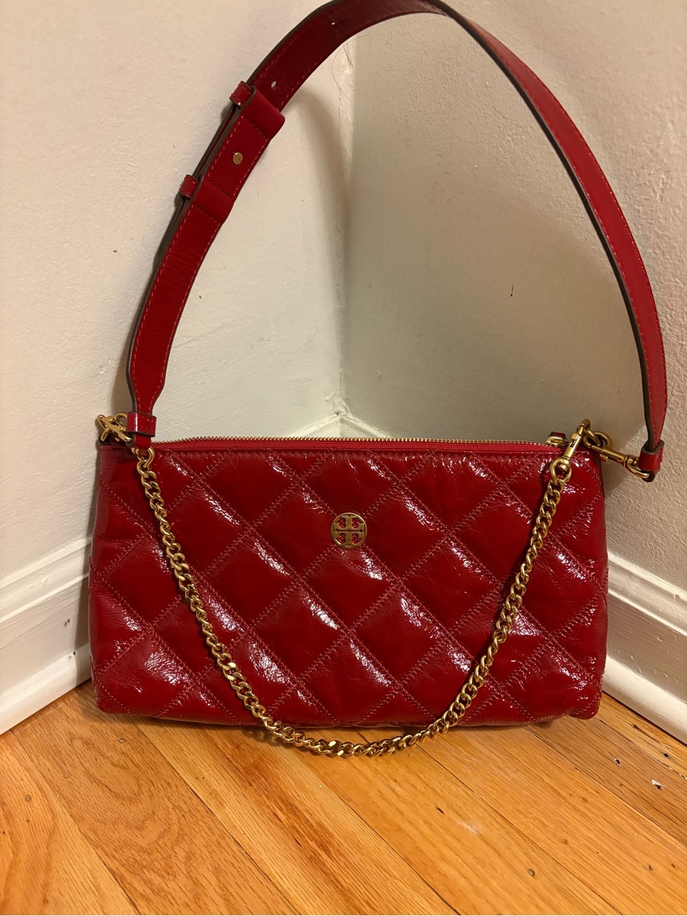 Tory Burch Quilted Patent Leather Shoulder Bag in Red with Gold Hardware